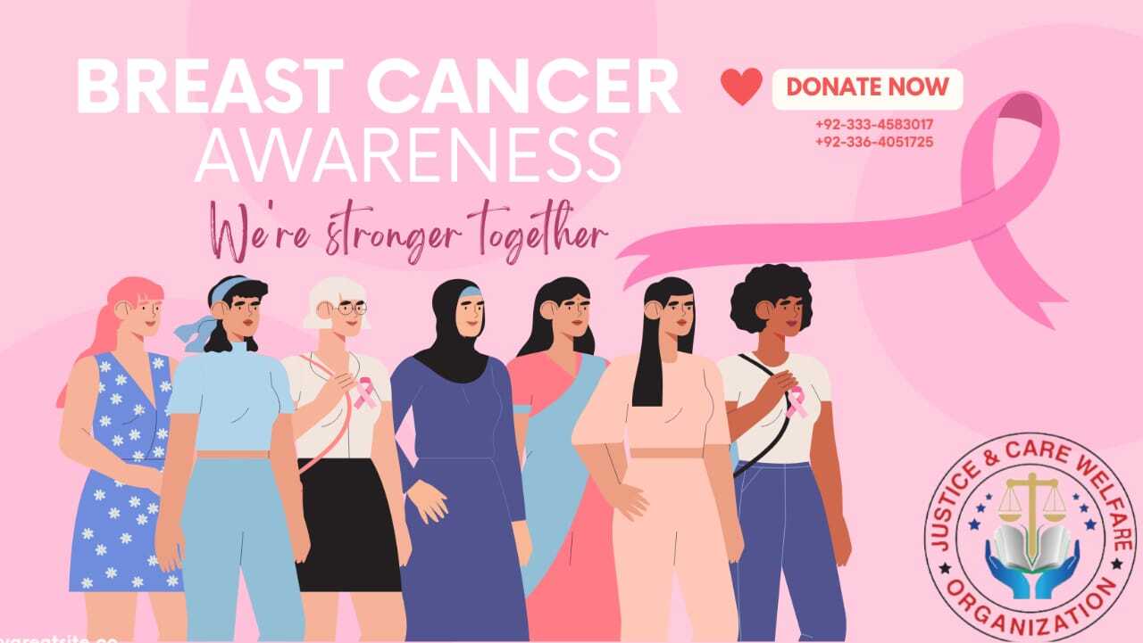 Breast cancer awareness campaign poster — we're stronger together, with pink ribbon