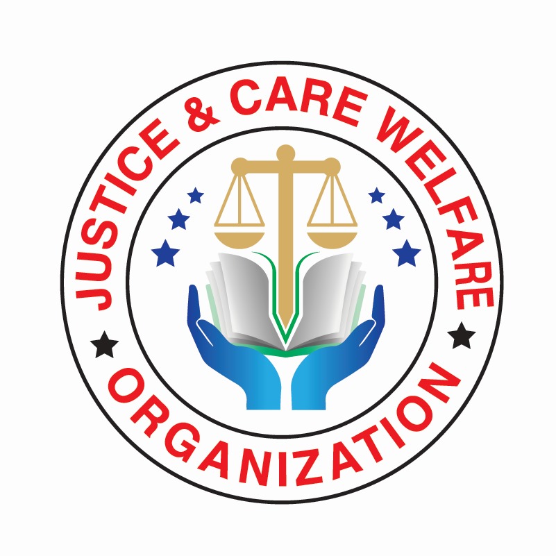 Justice and Care Welfare Organization seal: golden scales of justice above an open book held by caring hands